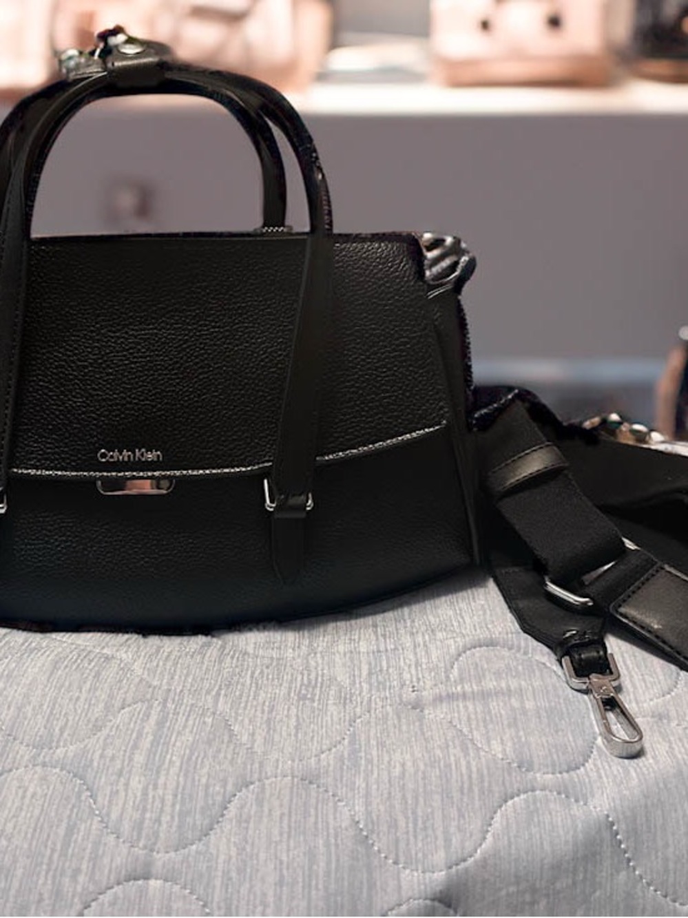 Calvin Klein Black Pebbled Leather Satchel with Detachable Strap